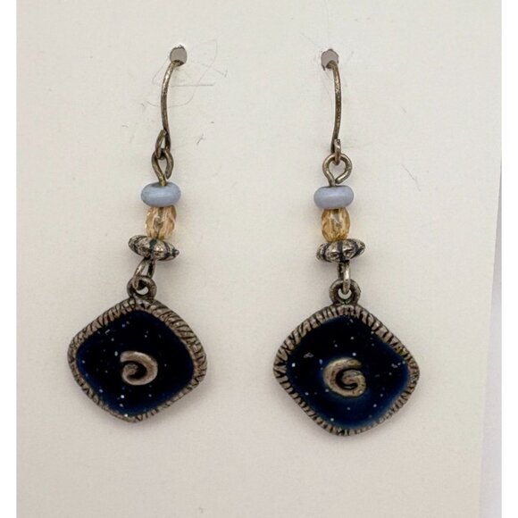 Avon Bead Swirl Design Dangle Earrings Blue Enamel Glitter Finish Silver Tone - Picture 5 of 6